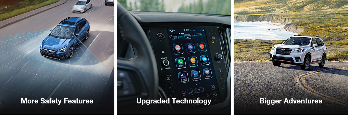A Subaru Crosstrek in blue with the words 'More Safety Features'. An 8-inch available touchscreen with the words 'Ugraded Technology'.A white Subaru on a curve with the words 'Bigger Adventures'.